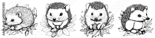 Charming hand-drawn vector illustrations of hedgehogs in natural settings surrounded by leaves