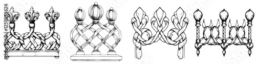 Vector illustration of decorative fences in hand-drawn style featuring intricate designs and elegant details