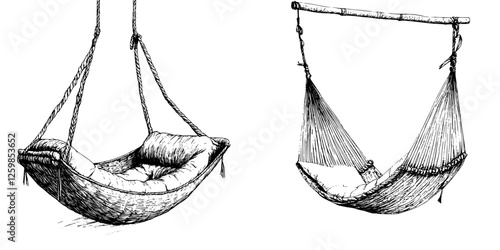 Hand-drawn vector illustration of two unique hammock designs showcasing relaxing outdoor leisure settings