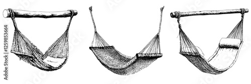 Hand-drawn vector illustration of various hammock designs for relaxation and comfort in outdoor settings