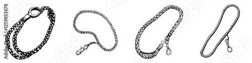 Elegant hand-drawn vector illustration of various leashes for pets designed with intricate detailing and craftsmanship