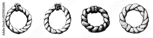Detailed hand-drawn vector illustration of four different styles of rope knots depicting various textures and designs for artistic use