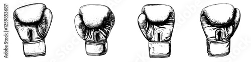 Detailed hand-drawn vector illustration of boxing gloves depicting various angles and positions for sports and fitness design