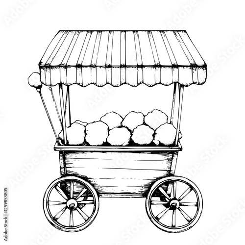 Hand-drawn illustration of a vintage cart selling cotton candy at a fair or festival in a cheerful setting