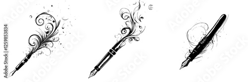Vintage fountain pen design with decorative swirls and flourishes in hand-drawn style perfect for artistic projects