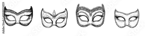 Hand-drawn vector illustration of decorative masks showcasing intricate designs for festive occasions