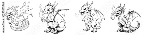Detailed hand-drawn vector illustration of diverse dragon characters showcasing different poses and expressions in a fantasy style