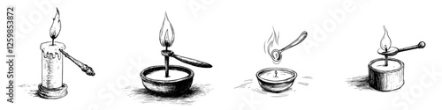 Hand-drawn vector illustration of various candle designs and lighting methods showcasing artisanal craftsmanship and vintage charm