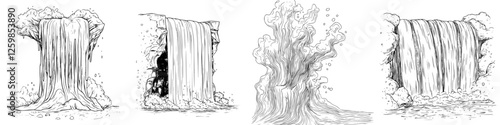 Waterfalls cascading through rocks in a hand-drawn vector illustration showcasing nature's beauty and tranquility