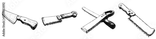 Hand drawn vector illustration of various types of saws displayed creatively on a white background