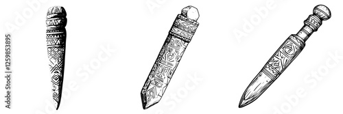 Decorative hand-drawn vector illustrations of unique tribal knives with intricate patterns and designs