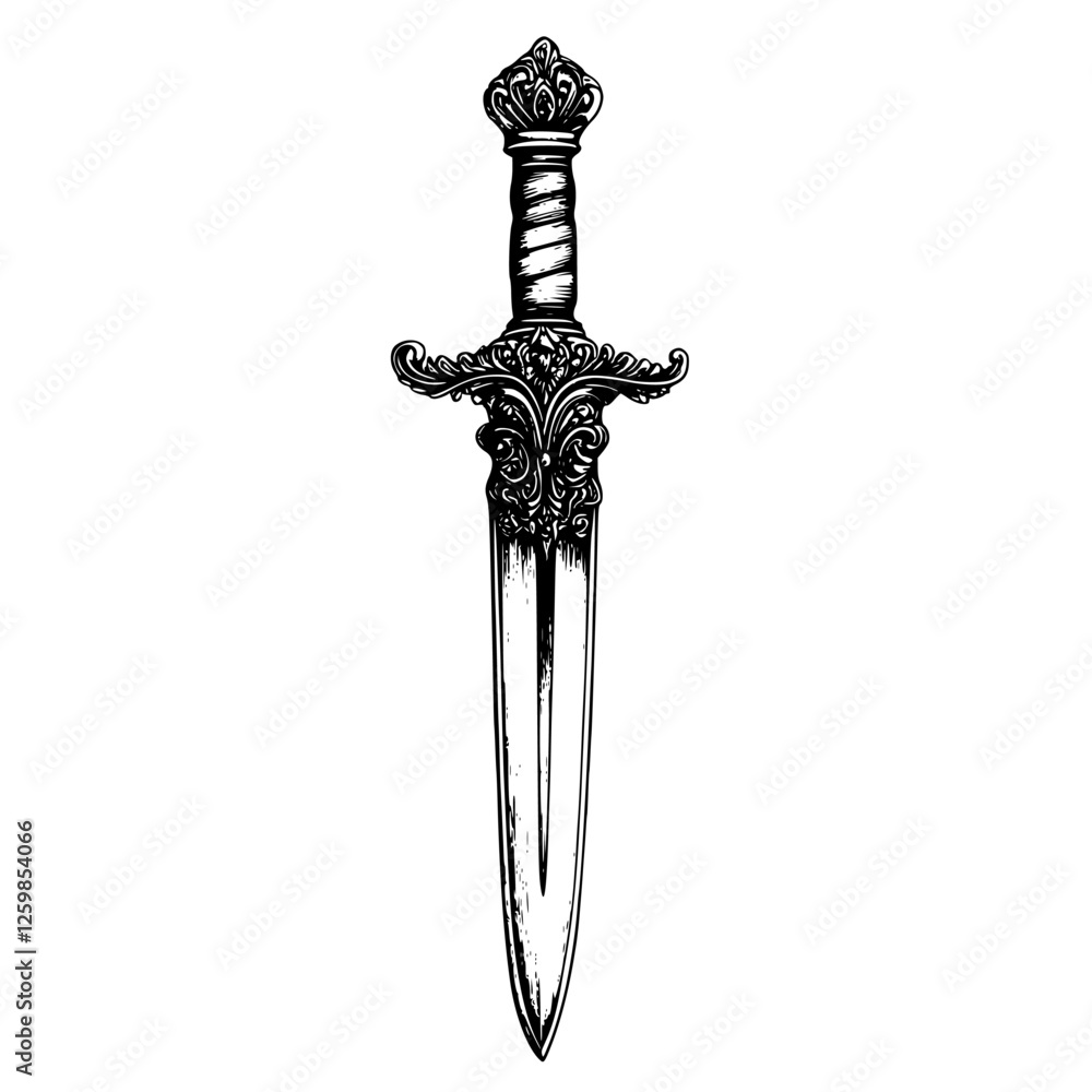 Obraz premium Intricate hand-drawn vector illustration of an ornate dagger with a decorative handle and blade