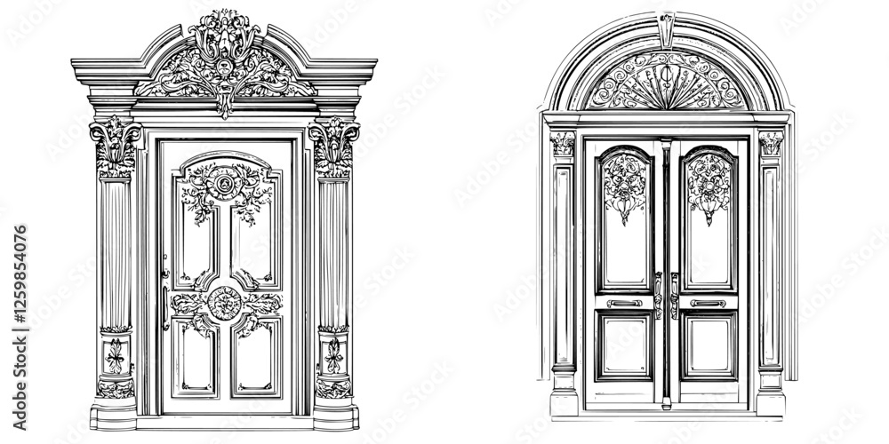 Fototapeta premium Stunning hand-drawn vector illustration of ornate doors with intricate designs in classical architectural style