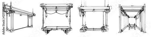 Detailed hand-drawn vector illustration of various industrial lifting equipment showcasing functionality and design variations