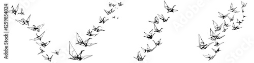 Delicate hand-drawn vector illustration of flying origami cranes in diverse formations