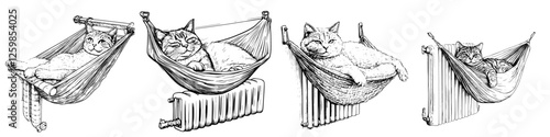 Cute cats relaxing in hand-drawn hammocks on a winter afternoon by the radiator