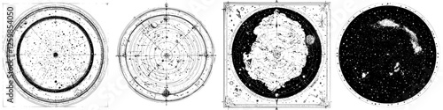 Hand-drawn vector illustrations of vintage celestial charts depicting star constellations and planetary positions