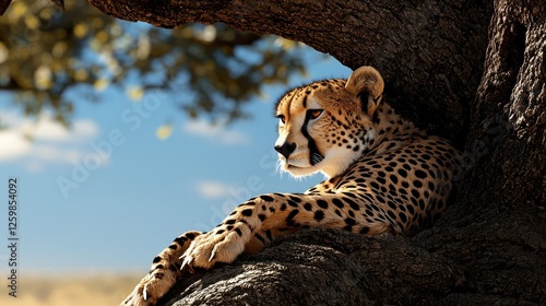 A cheetah is laying in a tree