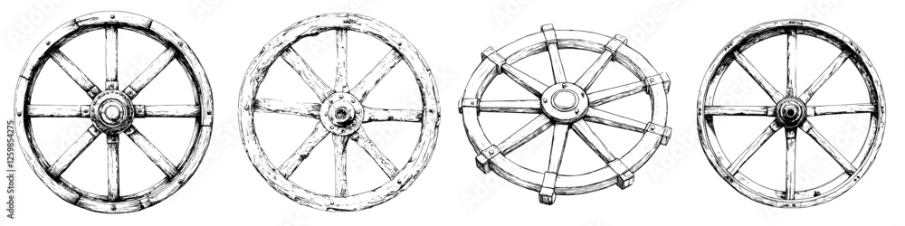 Obraz premium Hand-drawn vector illustration of vintage wooden wheels showcasing four designs in a rustic style