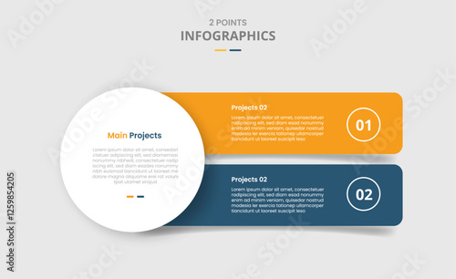 2 points template comparison concept for infographic with big circle and round box rectangle stack vertical with drop shadow style with two point list information