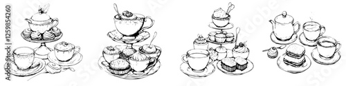 Delightful afternoon tea setup with hand-drawn sketches of pastries, cupcakes, and teapots elegantly arranged