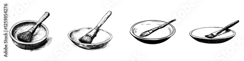 Brushes and bowls illustrated in hand-drawn style, showcasing artistic tools for crafting and painting activities
