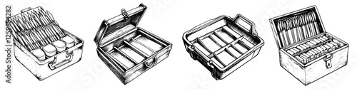 Hand-drawn vector illustration of various tool boxes in intricate detail, showcasing compartments and tools used for various tasks