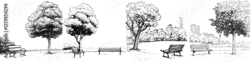 Hand-drawn vector illustration of a tranquil park with benches and trees in a city landscape setting