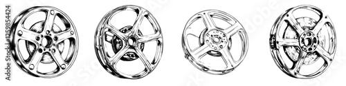 Vector illustration featuring metallic alloy wheels in hand-drawn style showing different designs and perspectives