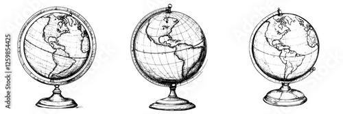 Vector illustration of hand-drawn globes representing different world maps and hemispheres in intricate detail
