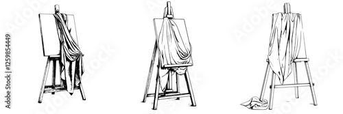 Hand-drawn vector illustration of easels draped with fabric in an artistic studio setting