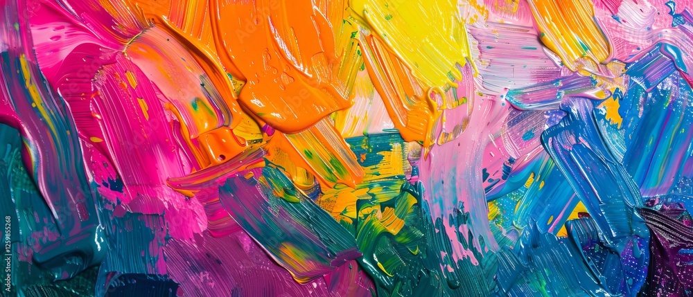 Fototapeta premium Fragment of a multicolored abstract texture painting with rough brushstrokes and palette knife application on canvas, showcasing a highly-textured, closeup background with vibrant oil hues.