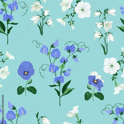 Floral vector illustration. Seamless print with bluebells, sweet pea and pansies on a blue background. For decorating textiles and packaging.