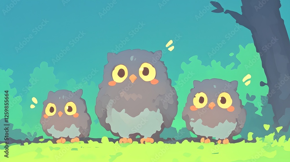 Obraz premium Three curious owls perched on tree branches in a lush green woodland at night The trio of birds are silhouetted against the dark sky their large eyes and soft feathers visible in the dim light