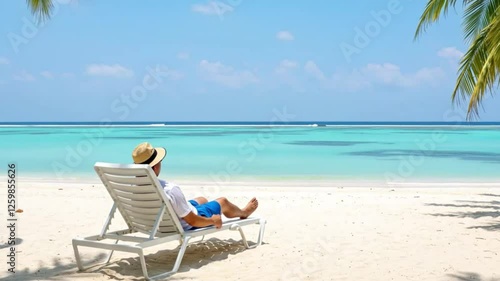 Summer lifestyle Asian man traveler relaxing on beach chair in front of vacation exotic beach