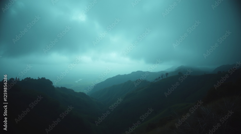 Mystical Teal Mist: Dark Moody Landscape with Foggy Mountains and Layered Hills Mystical Teal Mist: Dark Moody Landscape with Foggy Mountains and Layered Hills