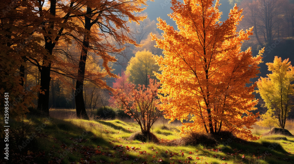 Vibrant autumn foliage in a serene forest showcasing colorful leaves and soft sunlight around midday Vibrant autumn foliage in a serene forest showcasing colorful leaves and soft sunlight around midday