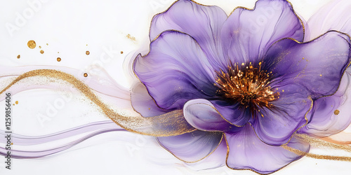 A delicate purple flower with shimmering gold glitter and fluid alcohol ink swirls sits against a crisp white background, creating a luxurious and artistic botanical composition.