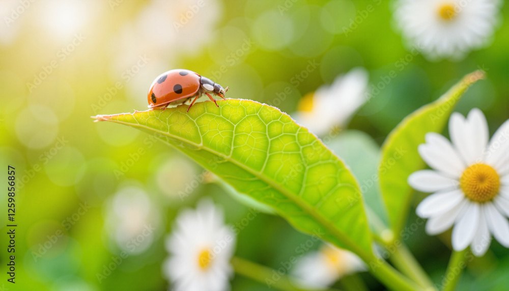 Obraz premium Ladybug resting on a green leaf in spring, nature's vibrancy