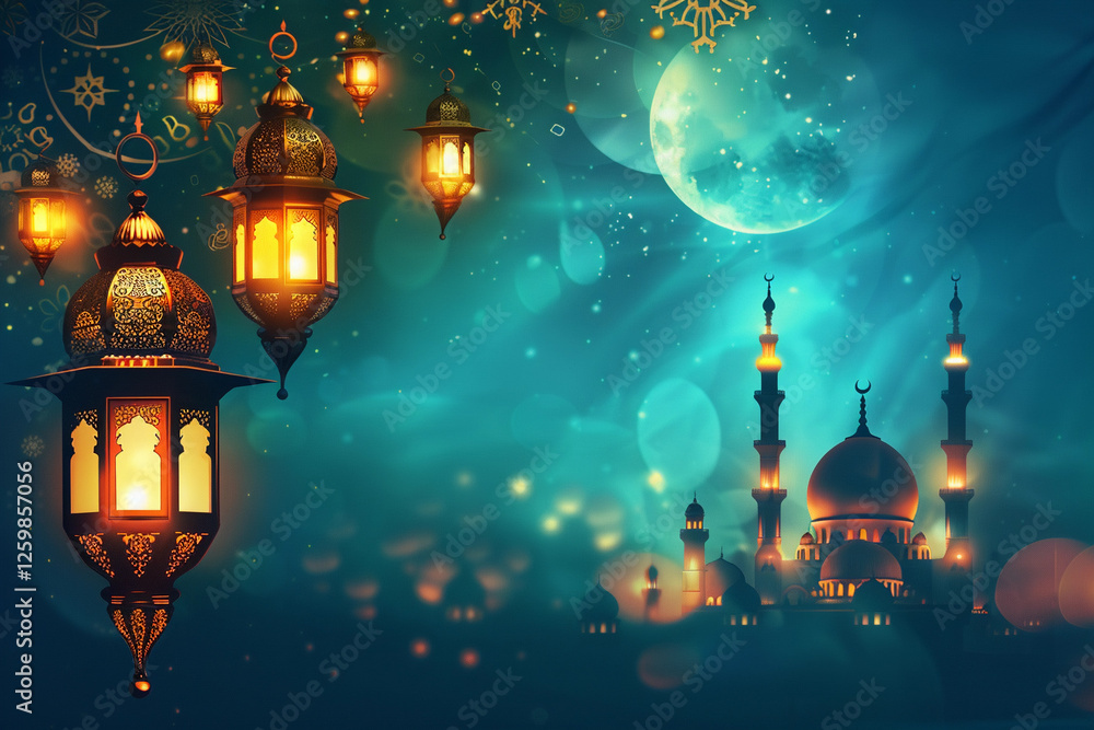 Beautiful greeting card with holiday composition for happy celebrate Ramadan, abstract vivid composition consists of fictional unreal fantastic vision on background Beautiful greeting card with holiday composition for happy celebrate Ramadan, abstract vivid composition consists of fictional unreal fantastic vision on background