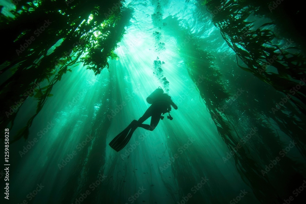 Obraz premium Diver swims in sunlit kelp forest. Adventure, explore the sea. Stock photo