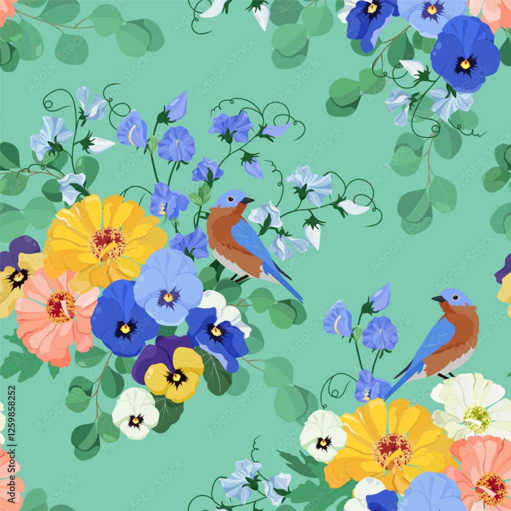 Fototapeta premium Seamless background with chrysanthemum, pansies and birds on turquoise background. For decoration textile, packaging, wallpaper. Vector illustration.