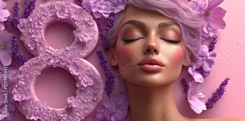 The number eight is adorned with a floral arrangement featuring delicate roses and lavender set against a soft pastel background