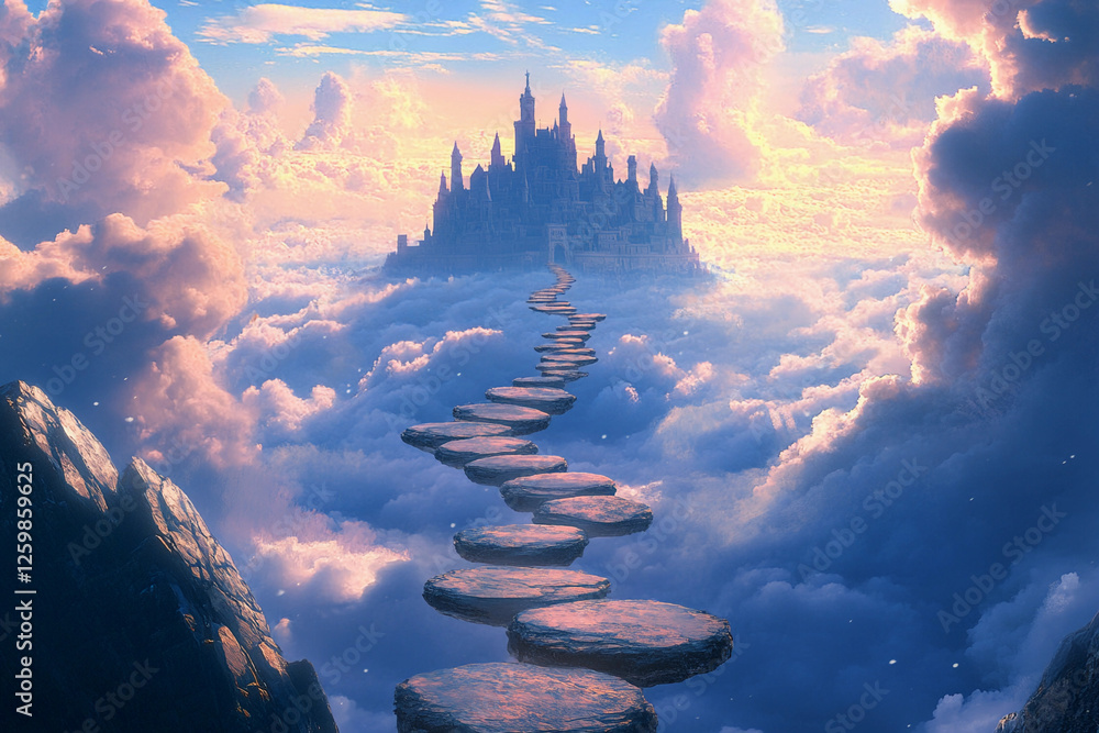 Obraz premium Majestic castle in the clouds with a pathway of stones under a bright blue sky