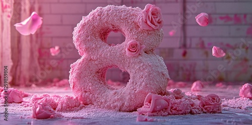 The number eight in sparkling pink is encircled by delicate flower petals set against a soft background