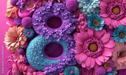 A vibrant floral arrangement is shaped like the number eight, featuring intricate details and bright colors on a soft background