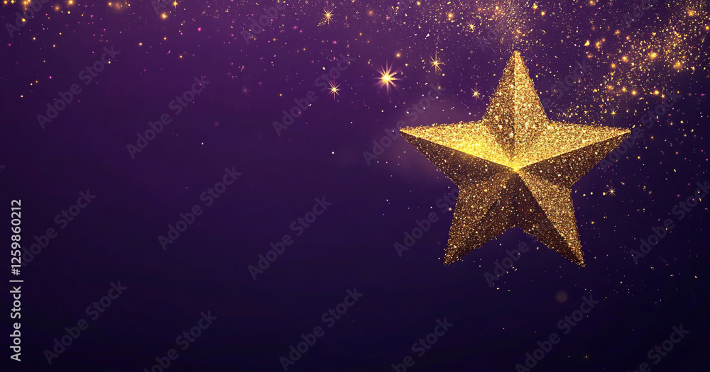 A shimmering golden star shines brightly against a deep purple background, surrounded by sparkling glitter and twinkling highlights, evoking a magical and celebratory atmosphere. A shimmering golden star shines brightly against a deep purple background, surrounded by sparkling glitter and twinkling highlights, evoking a magical and celebratory atmosphere.
