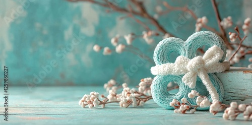 The number eight is decorated and surrounded by blossoms of spring on a gentle blue background