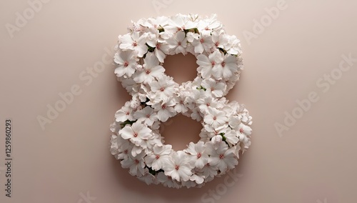 The number eight is decorated with white flowers on a soft background, ideal for celebrations and special occasions