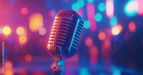 A vintage-style microphone gleams under stage lights, set against a dreamy bokeh backdrop, evoking the nostalgia of live performances and the anticipation of an awaiting audience.